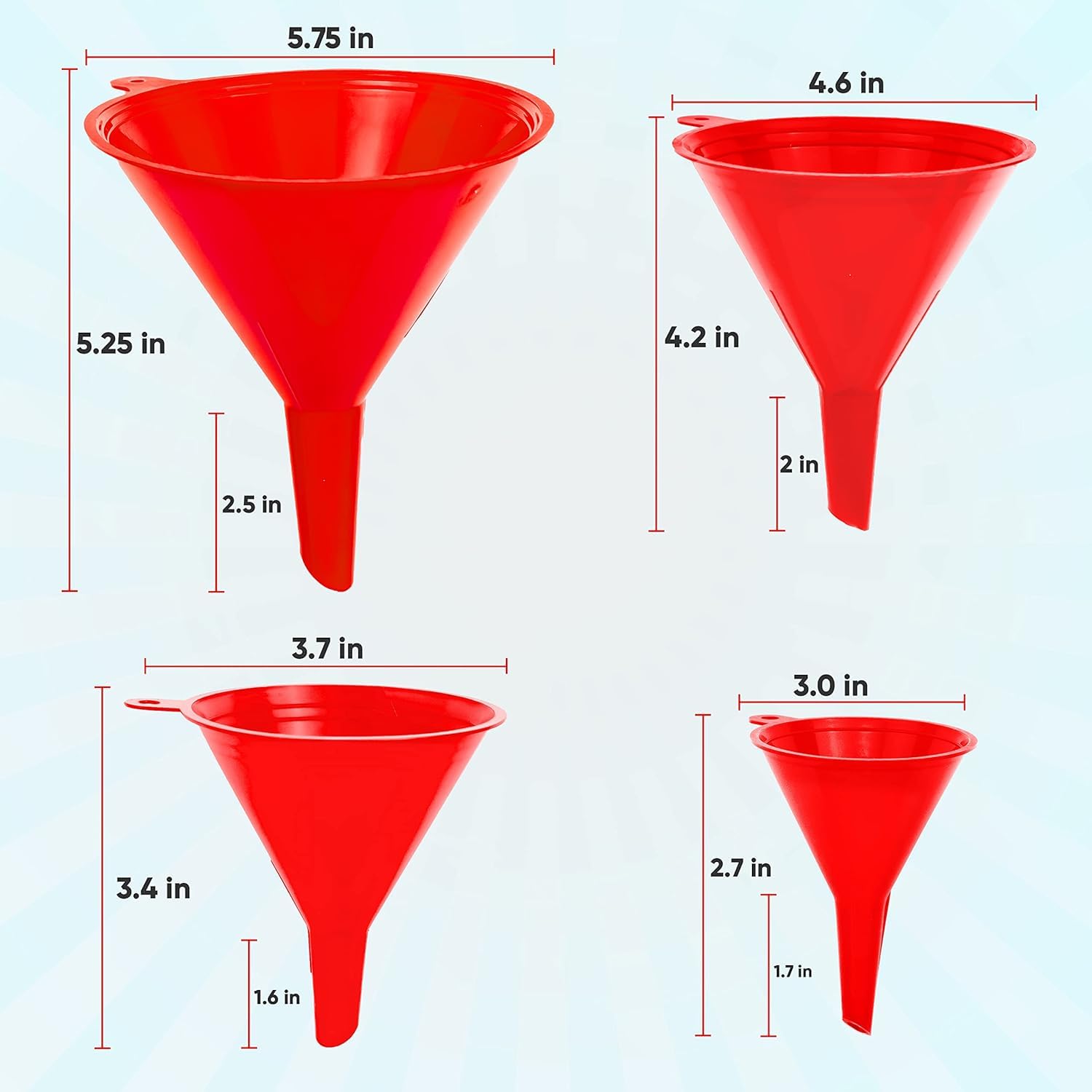 Funnel 4-Pack Funnels for Kitchen Use Filling Bottles - Food-Grade Plastic, Funnels for Automotive