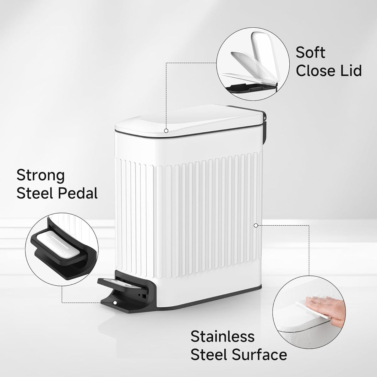 TIPGO Slim Bathroom Trash Can with Lid Soft Close, Step Pedal, 6 Liter / 1.6 Gallon Stainless Steel