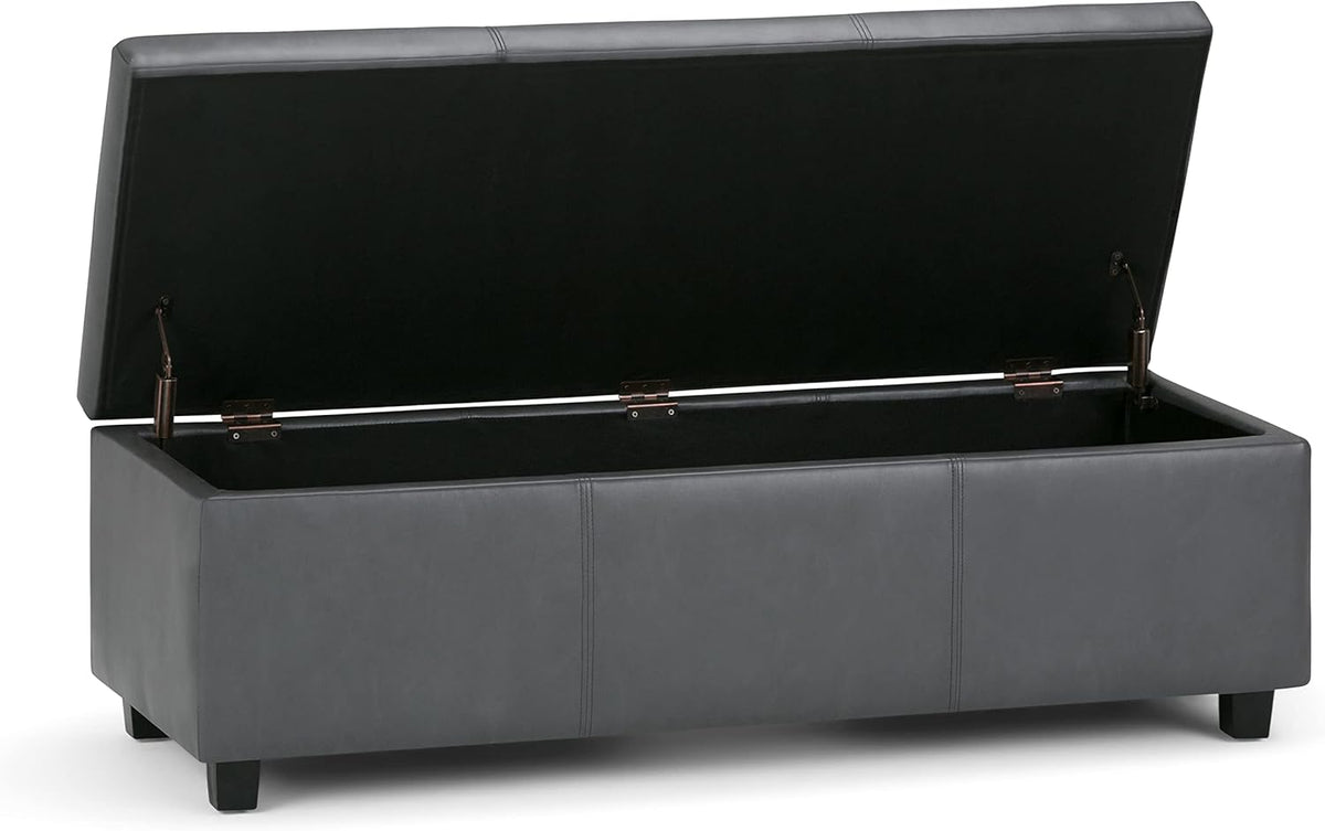 SIMPLIHOME Avalon 48 inch Wide Contemporary Rectangle Storage Ottoman Bench in Stone Grey Vegan