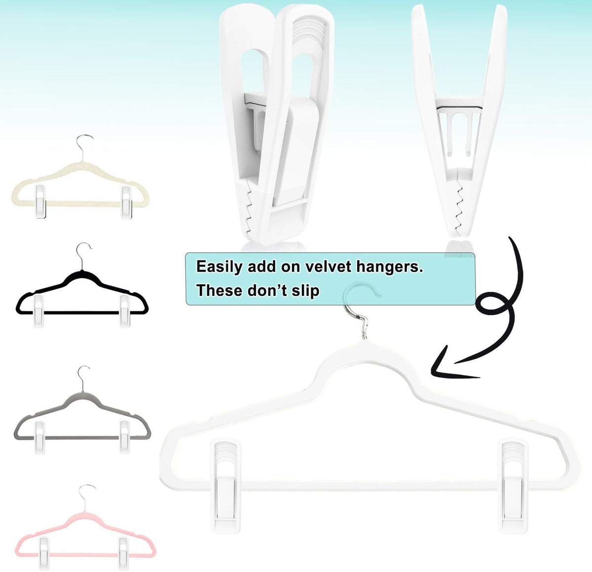 Hanger Clips for Velvet Hangers (White, 40 PCS), Non-Slip Plastic Clips Pant Skirt Hanger Clips for