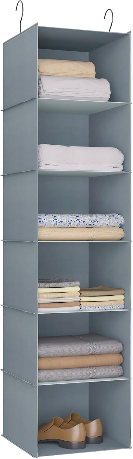 Hanging Closet Organizer and Storage 6-Shelf, Easy Mount Foldable Hanging Closet Wardrobe Shelves