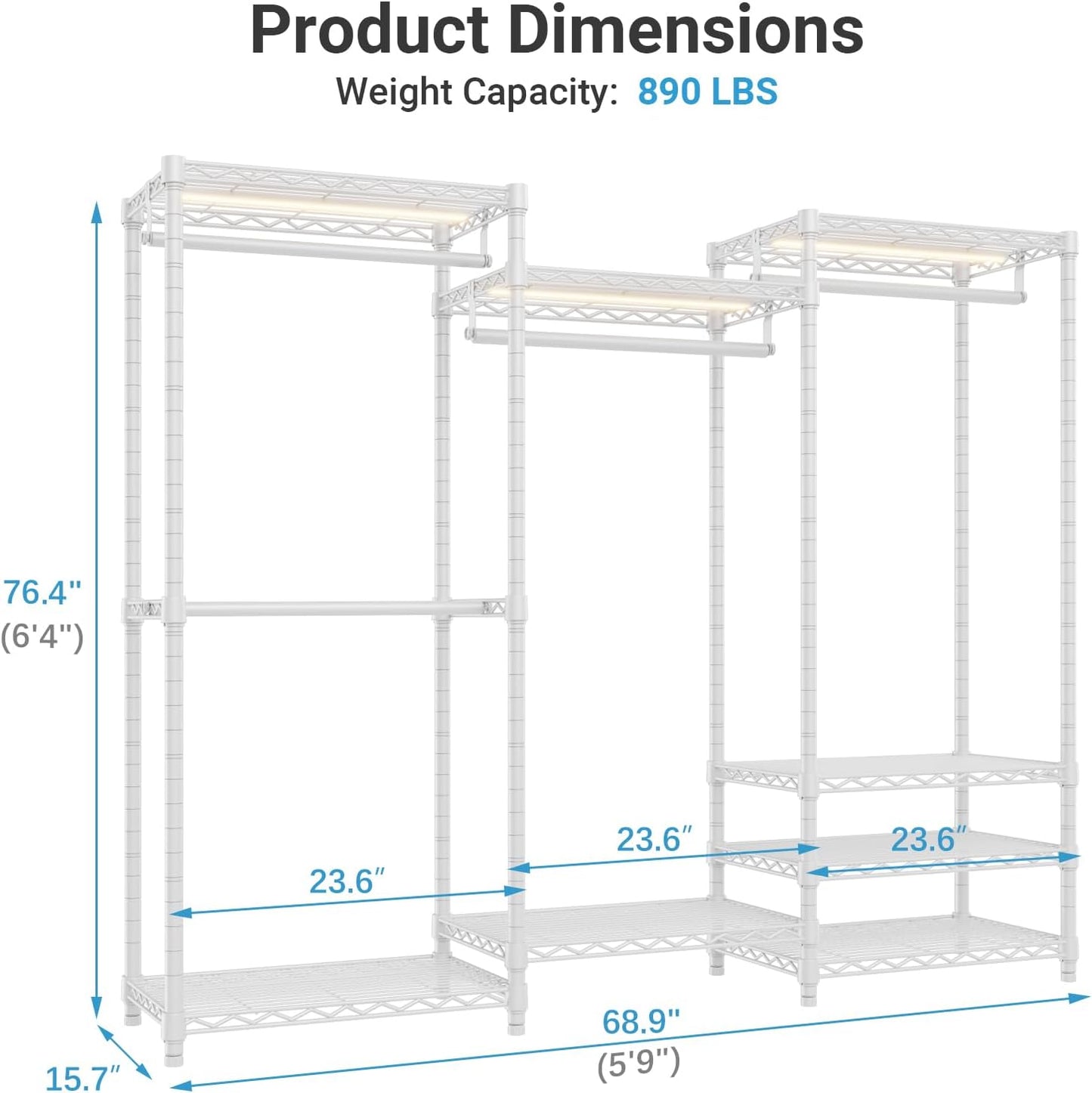 VIPEK V5L Garment Rack Heavy Duty Clothes Rack with Dimmable LED Lights, 3000K Warm White, Portable