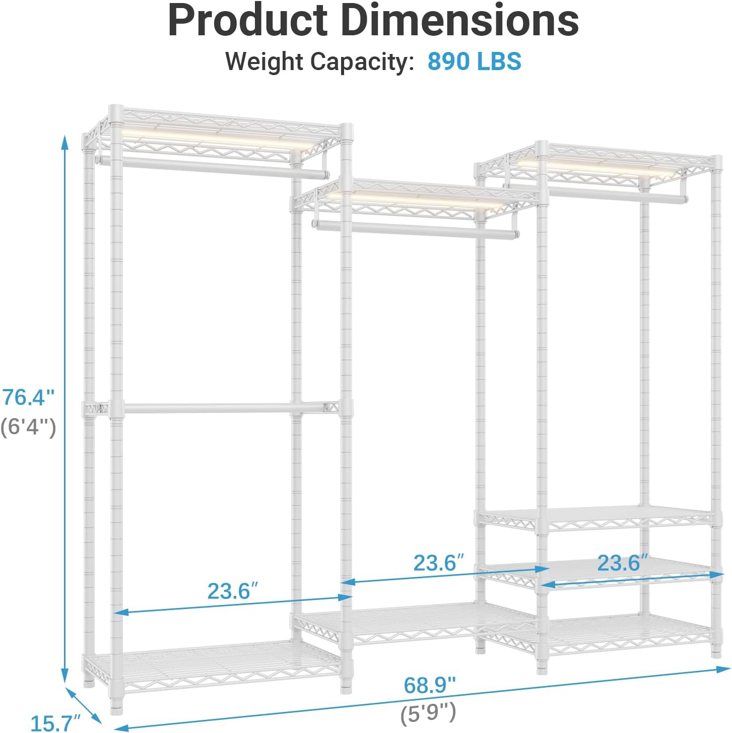 VIPEK V5L Garment Rack Heavy Duty Clothes Rack with Dimmable LED Lights, 3000K Warm White, Portable