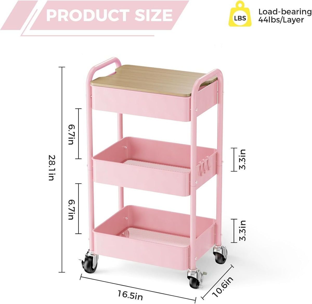 3 Tier Rolling Cart with Table top, Metal Rolling Utility Cart, Sturdy Storage Organizer Cart with