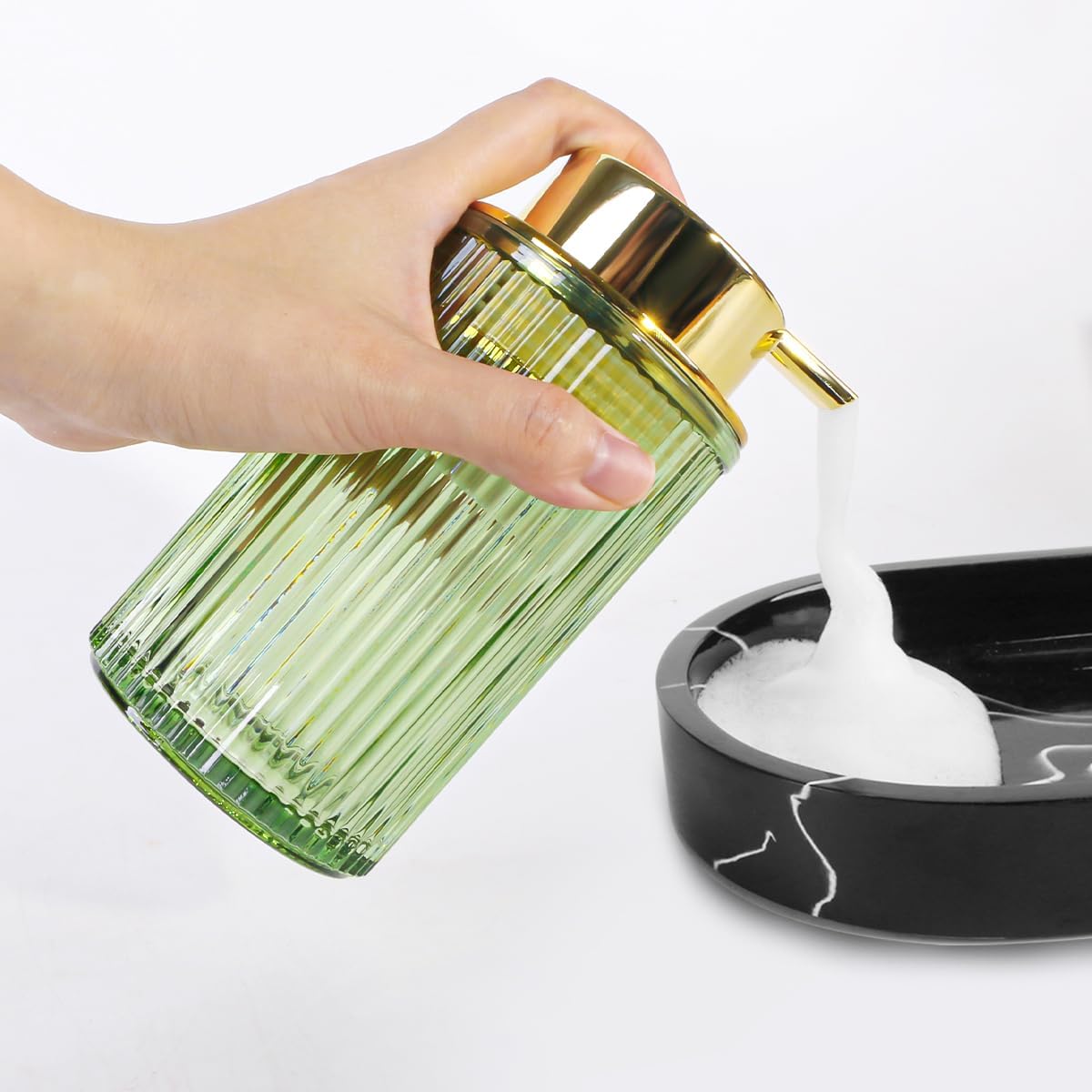 Green Foaming Soap Dispenser, 12 Oz Glass Foaming Hand Soap Dispenser with Gold Pump, Bathroom