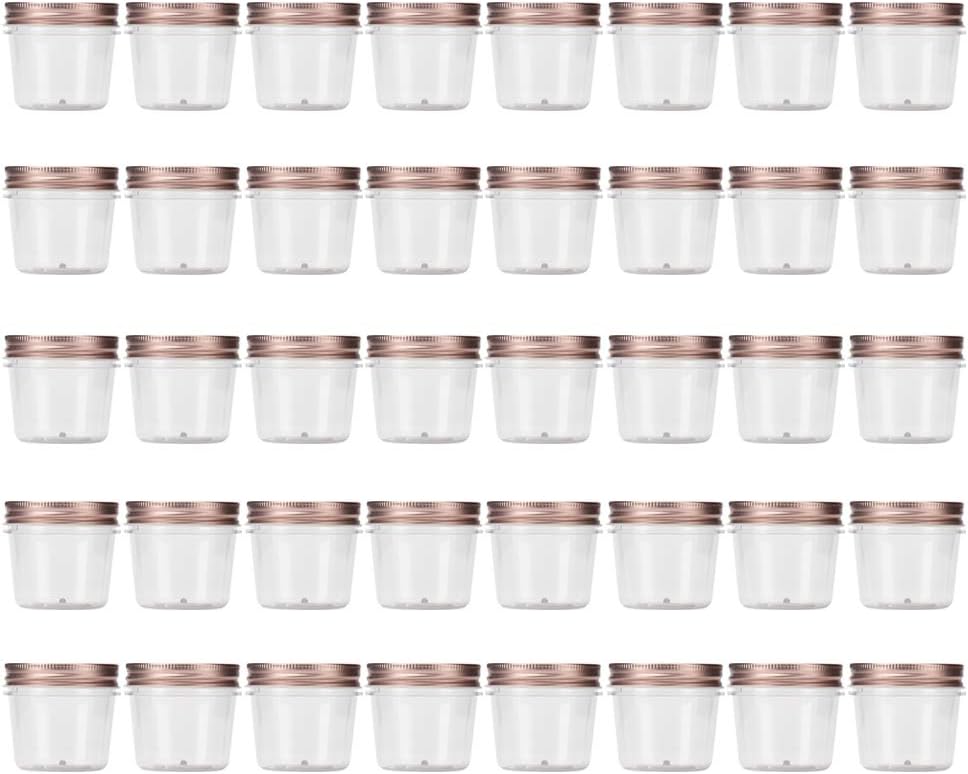 Novelinks 4 Ounce Clear Plastic Jars with Rose Gold Lids - Refillable Round Containers for Kitchen