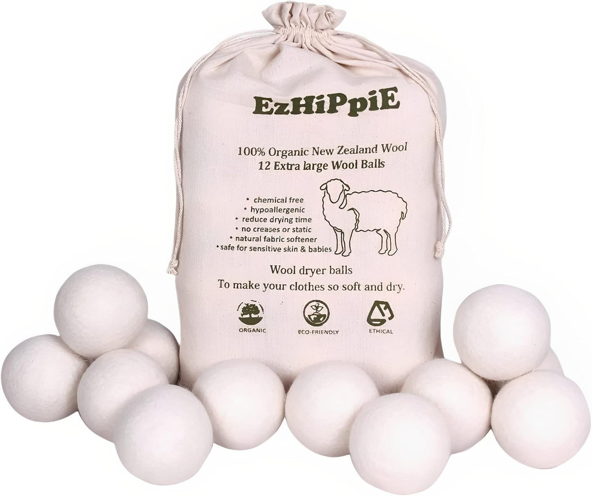 Ezhippie Quality Wool Dryer Balls - 12 XL Pack - 1000+ Loads - Pure Organic Wool - Reusable Natural