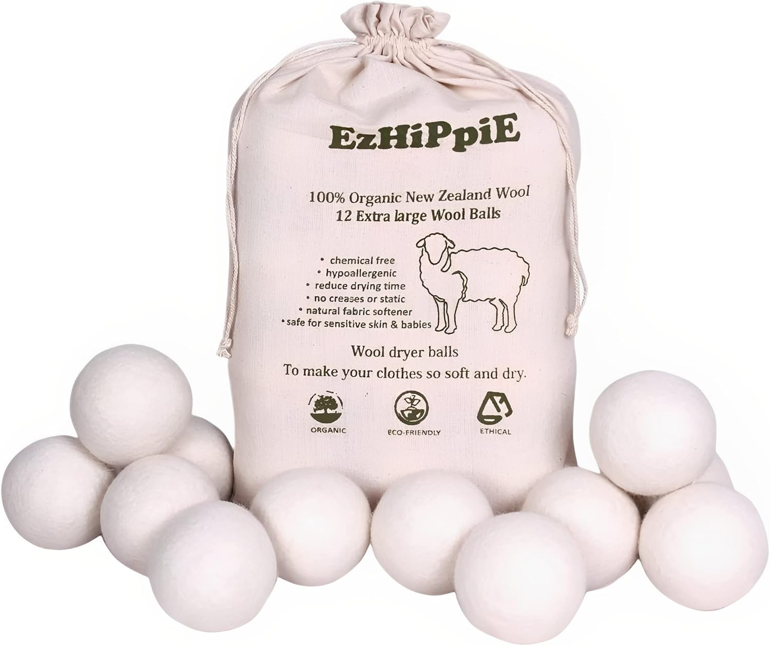 Ezhippie Quality Wool Dryer Balls - 12 XL Pack - 1000+ Loads - Pure Organic Wool - Reusable Natural