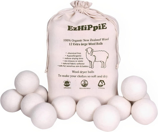 Ezhippie Quality Wool Dryer Balls - 12 XL Pack - 1000+ Loads - Pure Organic Wool - Reusable Natural
