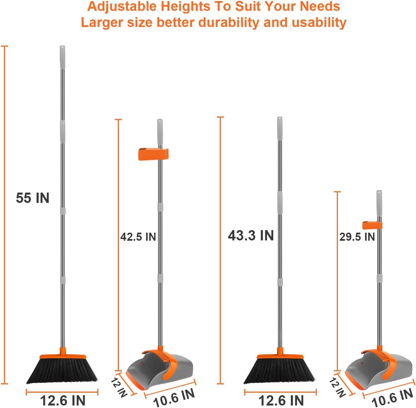 Broom and Dustpan Set, Large Broom with Dustpan Combo Set, 55" Long Handle Heavy Duty Industrial