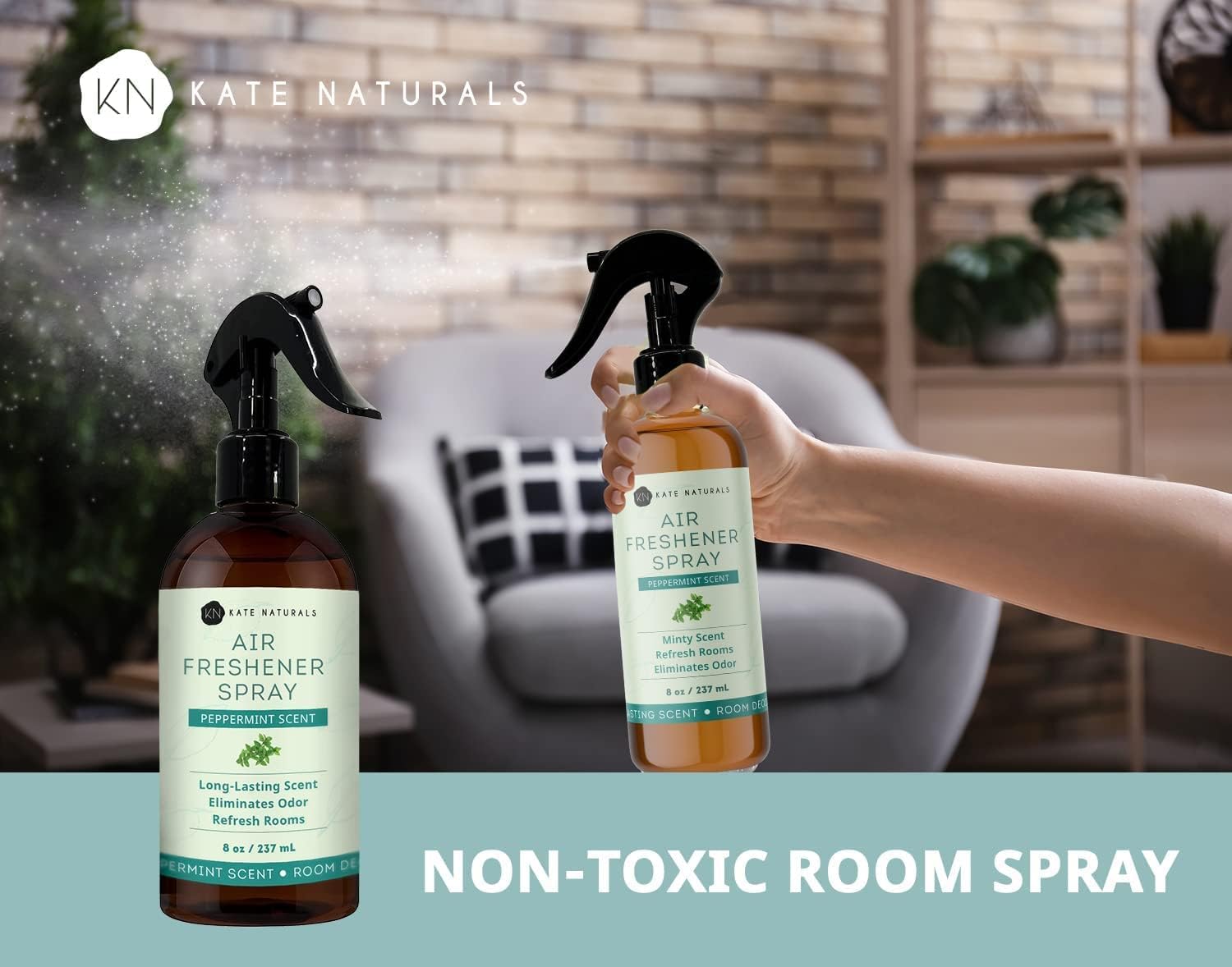 Kate Naturals Peppermint Air Freshener Spray for Room & Car with Natural Mint. Odor Eliminator