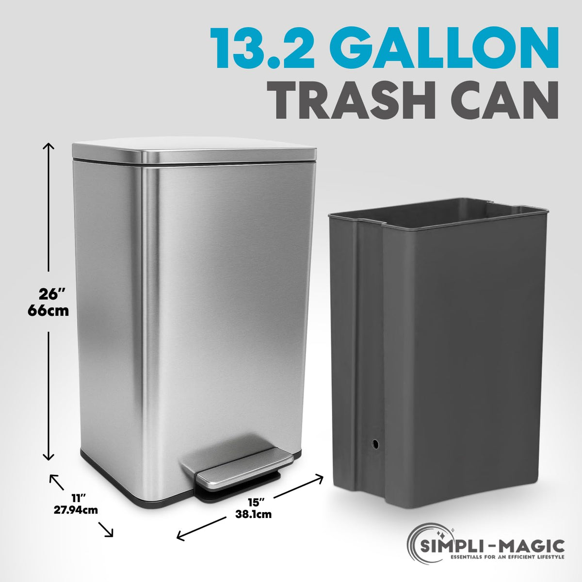 SIMPLI-MAGIC 50 Liter / 13.2 Gallon Soft-Close, Smudge Resistant Trash Can with Foot Pedal and
