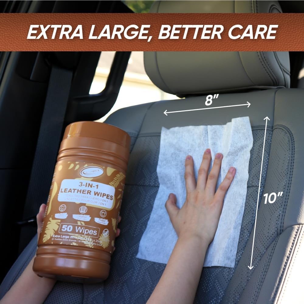 Air Jungles 3in1 Leather Wipes 50 Count, Extra Large 8" x 10" Size, Clean Condition Protect Wipes