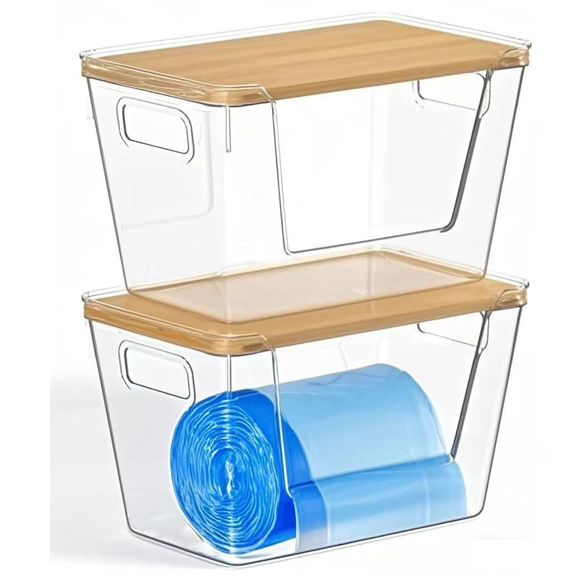 Trash Bag Holders with Bamboo Lids 2 Pack, Garbage Bag Dispenser with Lid, Open Front Stackable
