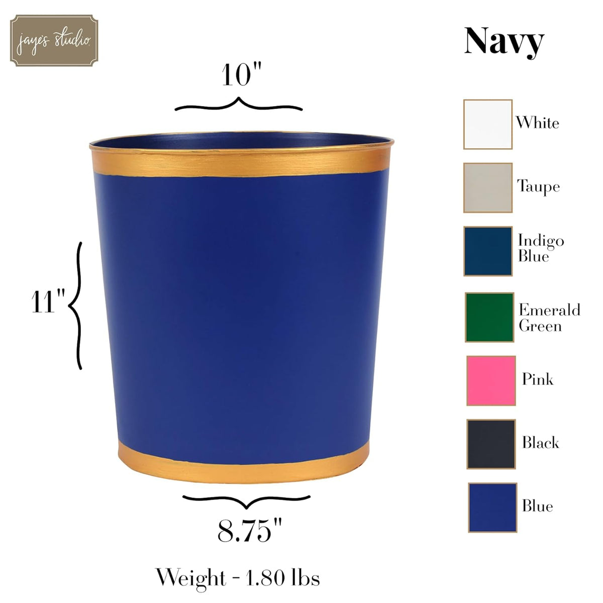 Jaye's Studio Mattie Line, Oval Wastebasket & Garbage Bin, Gold Trim & Finish, Hand-Painted