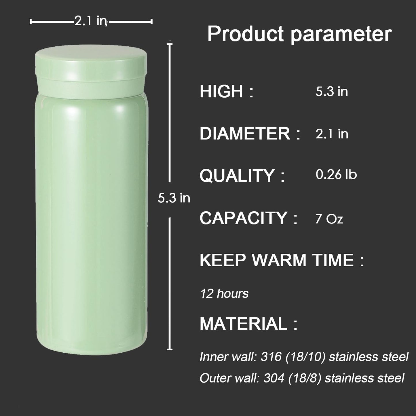 Mini Thermos Cute Water Bottle - 7 oz Tiny Insulated Vacuum 18/10 Stainless Steel Small Flask