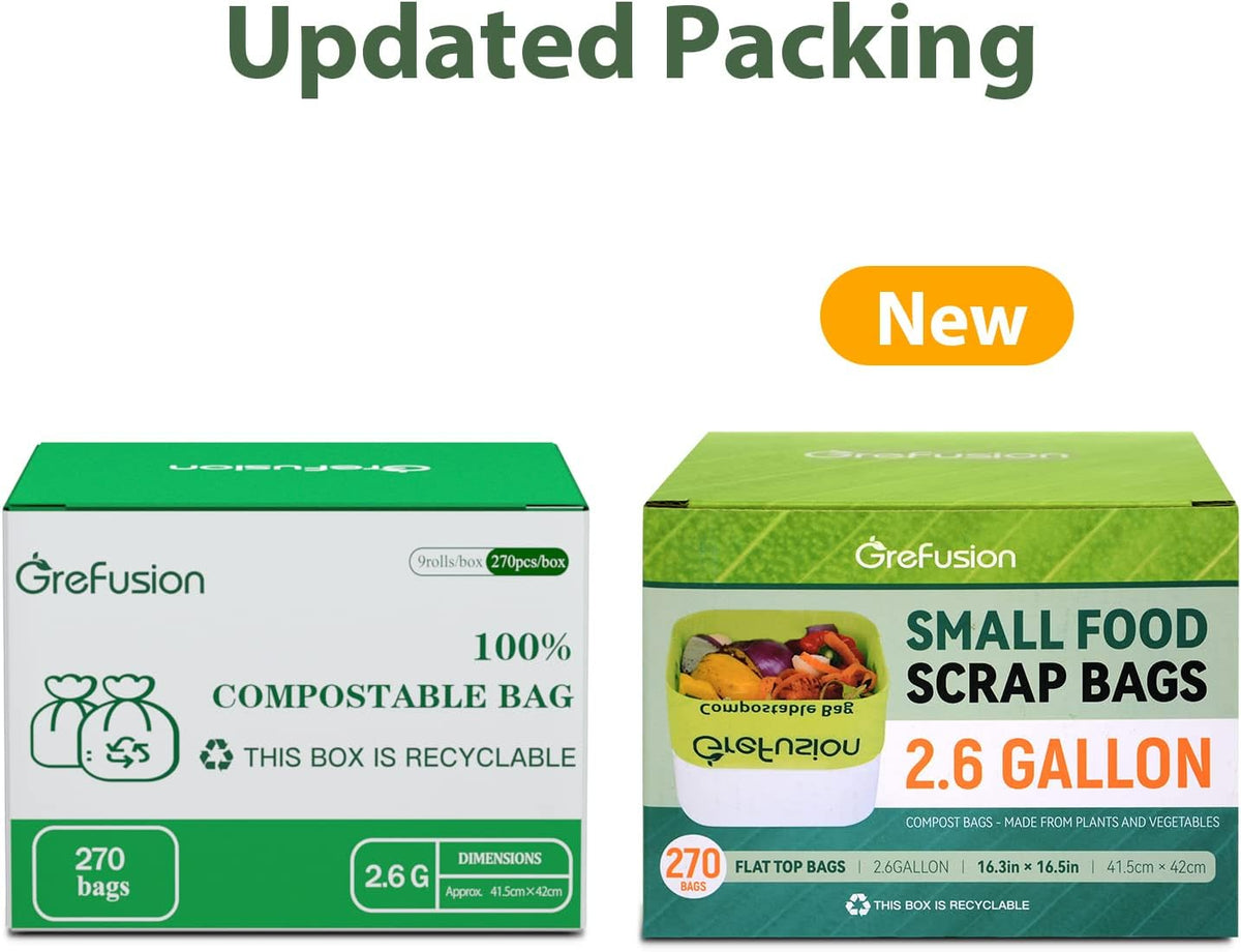 GreFusion Compostable Trash Bags, Small 2.6 Gallon, 270 Count, 0.72 Mils Thick, Eco Friendly, ASTM