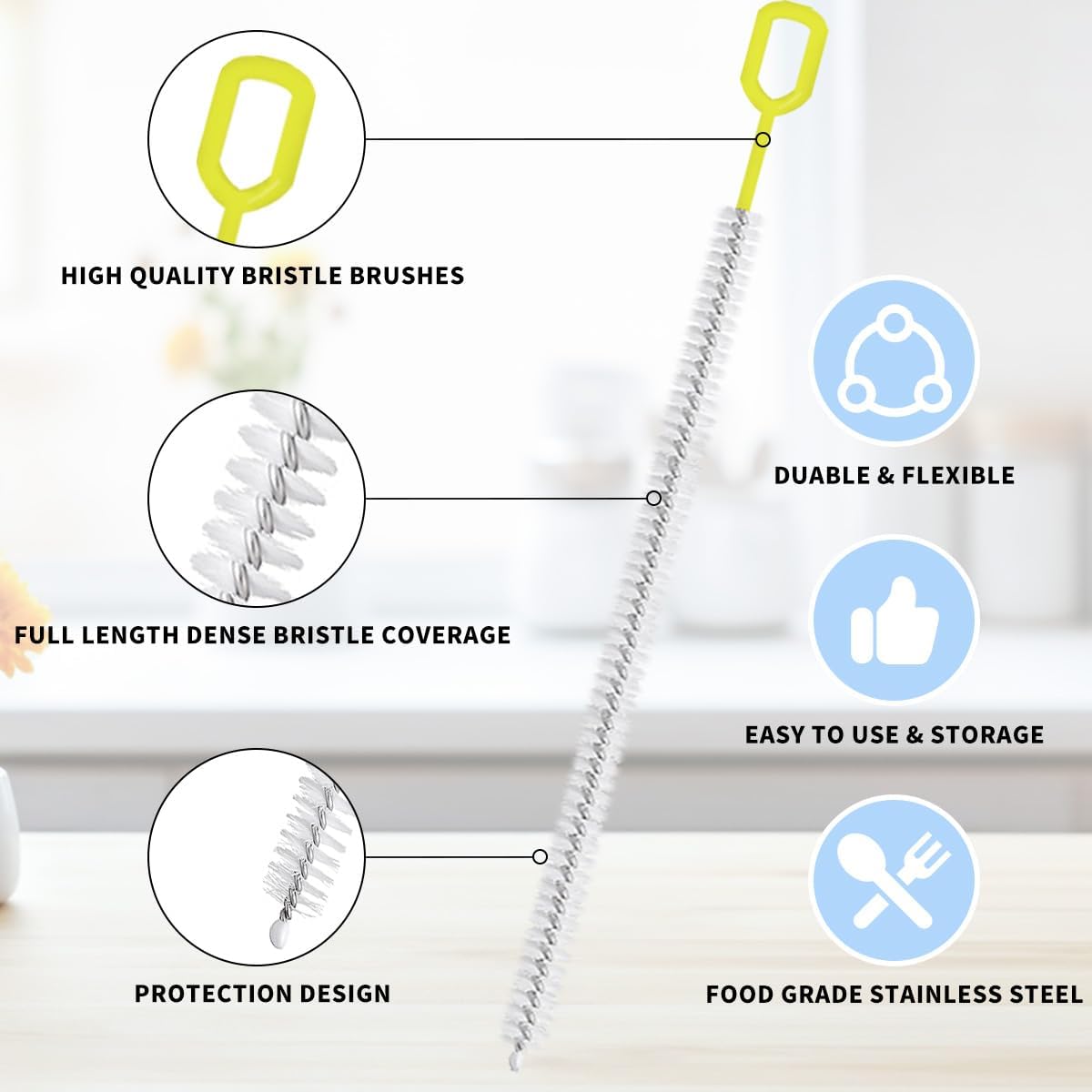 Straw Cleaner Brush Set – 10 Inch, 5 Sizes (4–12mm) Nylon Bristles – Heavy-Duty, Non-Scratch