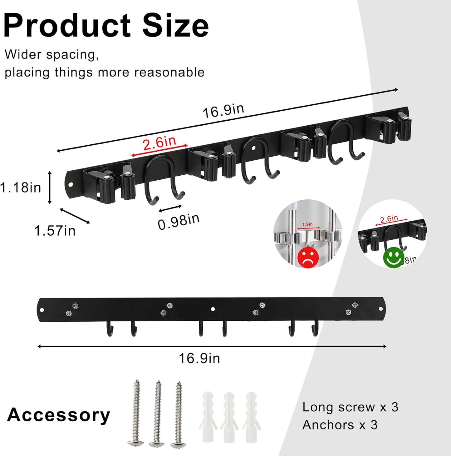 Mop Broom Holder Wall Mount, Black Stainless Steel Tool Storage Organizer for Kitchen Garden Garage