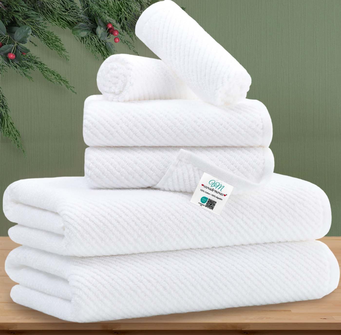 VOOVA & MOVAS White Towels Bathroom Sets - 100% Cotton | Quick Dry | Lightweight | Thick, 6PCS Bath