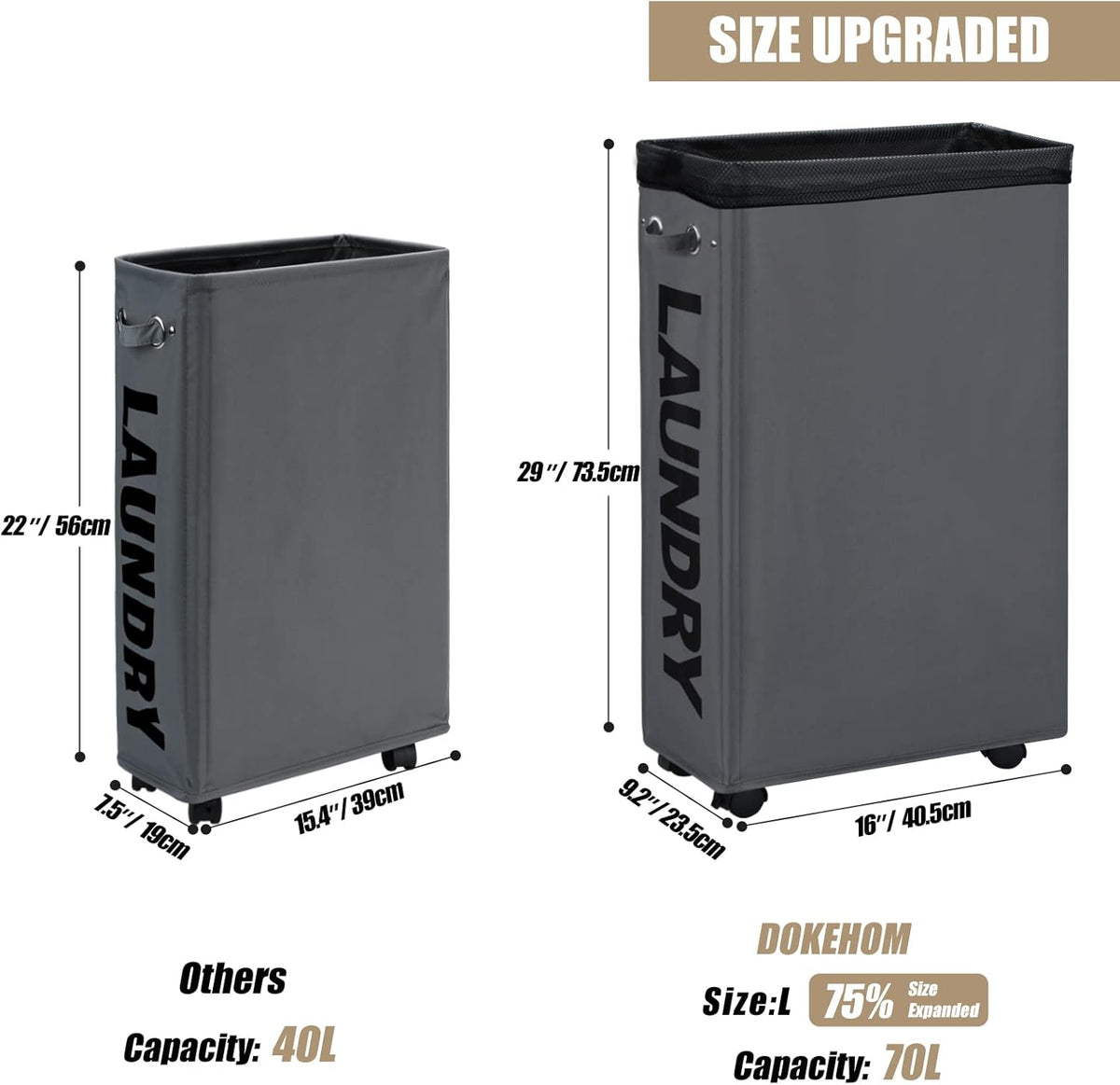 DOKEHOM 29-Inches Enlarged Slim Laundry Basket with Removable Wash Bag on Wheels, Collapsible