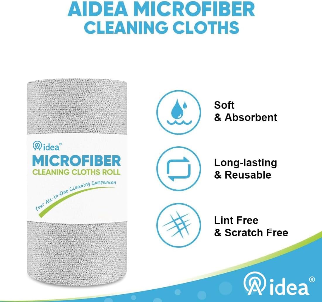 AIDEA Microfiber Cleaning Cloth Roll, 50PK, Paper Towels Reusable Grey Tear Away Towels, Washable
