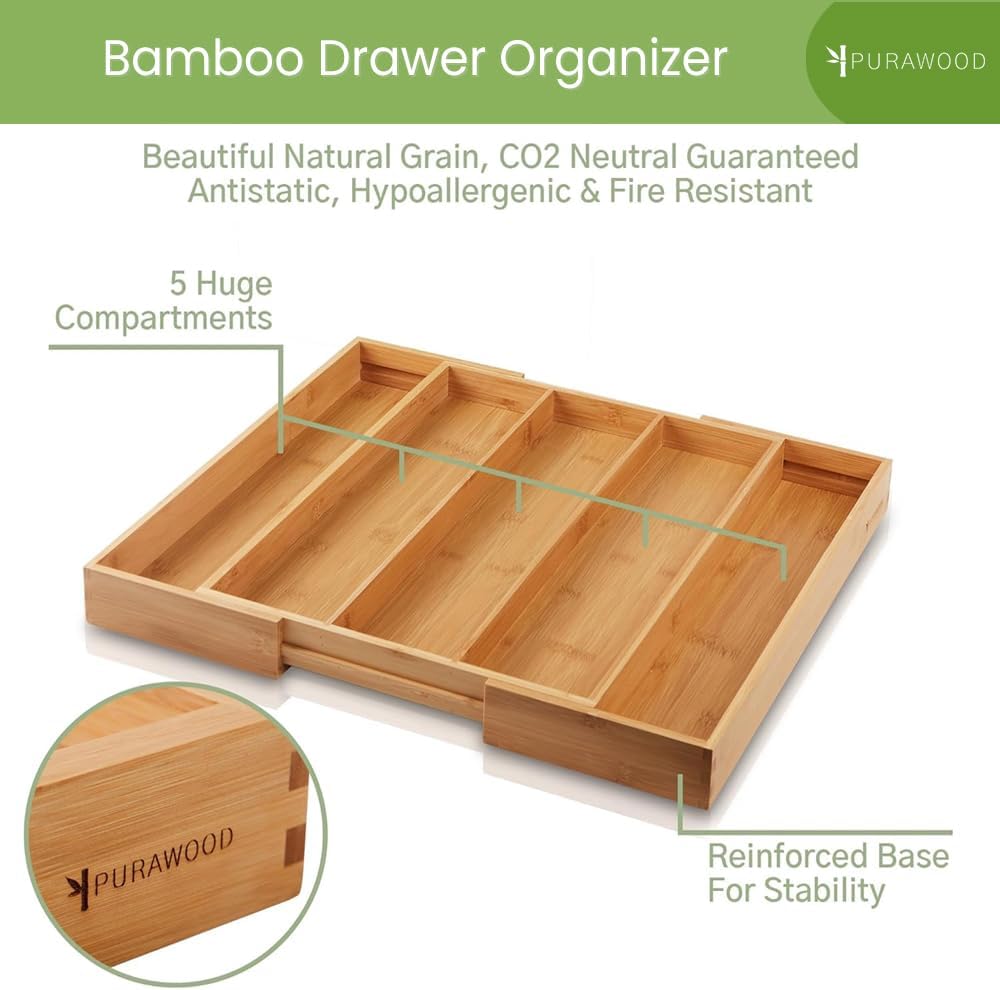 Purawood Kitchen Drawer Organizer - Expandable Utensil Drawer Organizer for Kitchen, Cutlery Tray &