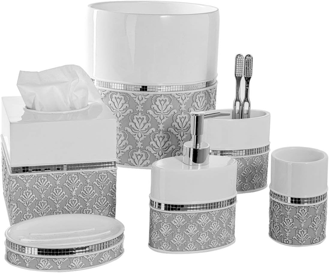 Creative Scents Mirror Damask White and Gray Bathroom Accessories Set - 6 Piece Bathroom Accessory