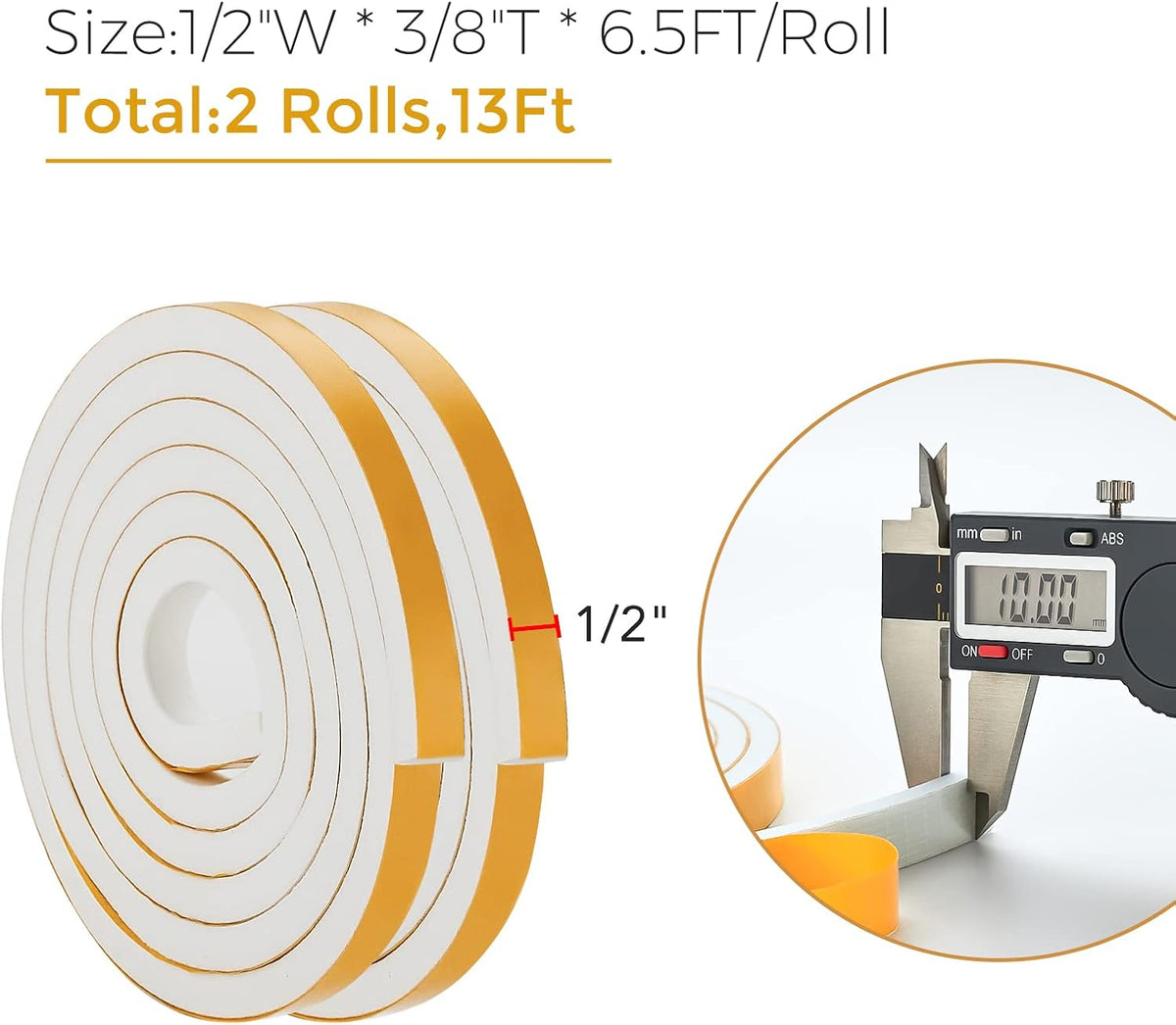 13 Feet Weather Stripping Door Seal, 1/2" Wide X 3/8" Thick Door Seal Strip High Density Foam Tape