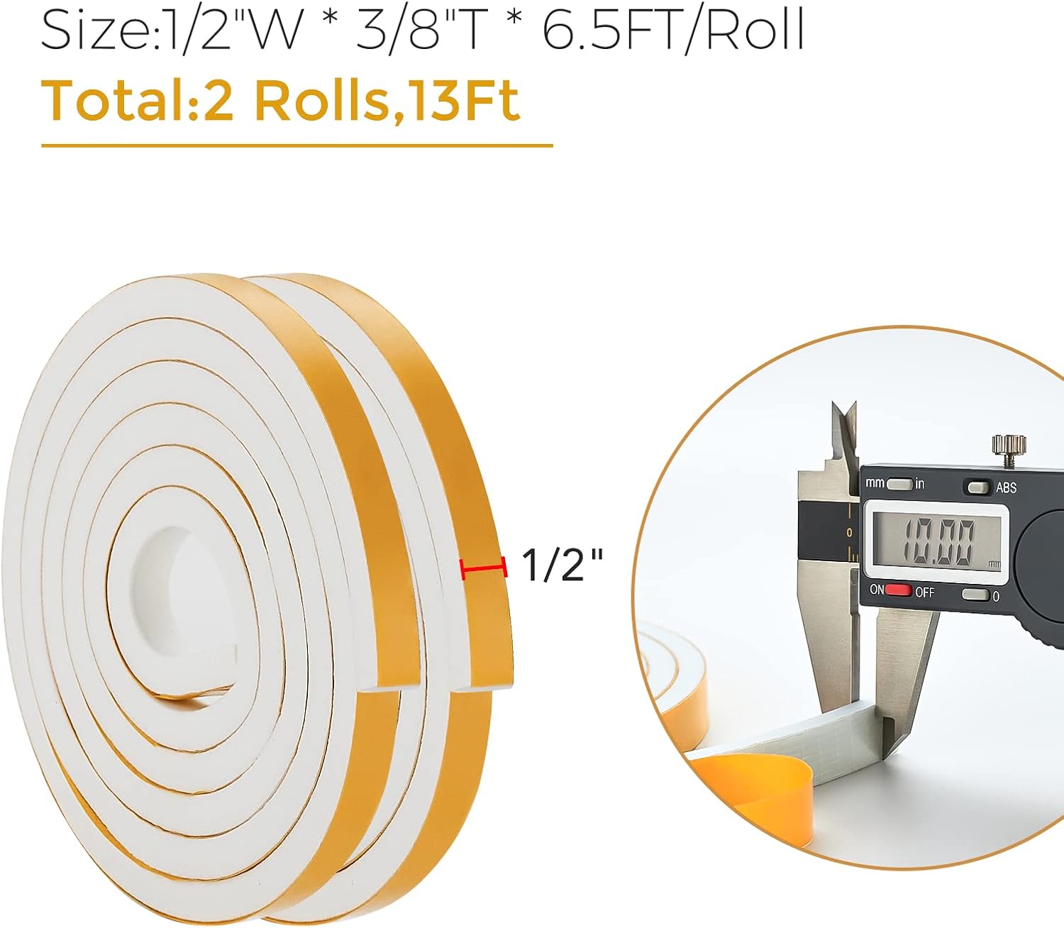 13 Feet Weather Stripping Door Seal, 1/2" Wide X 3/8" Thick Door Seal Strip High Density Foam Tape