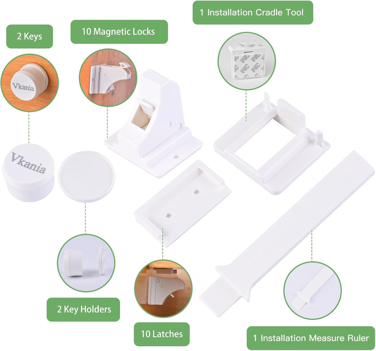 10 Pack Vkania Magnetic Cabinet Locks Baby Proofing - Baby Safety Latches for Drawers and Cabinets