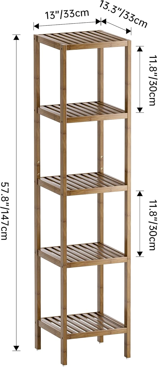 SMIBUY Bathroom Storage Shelf, 5-Tier Bamboo Rack Organizer, Multifunctional Shelving Unit for