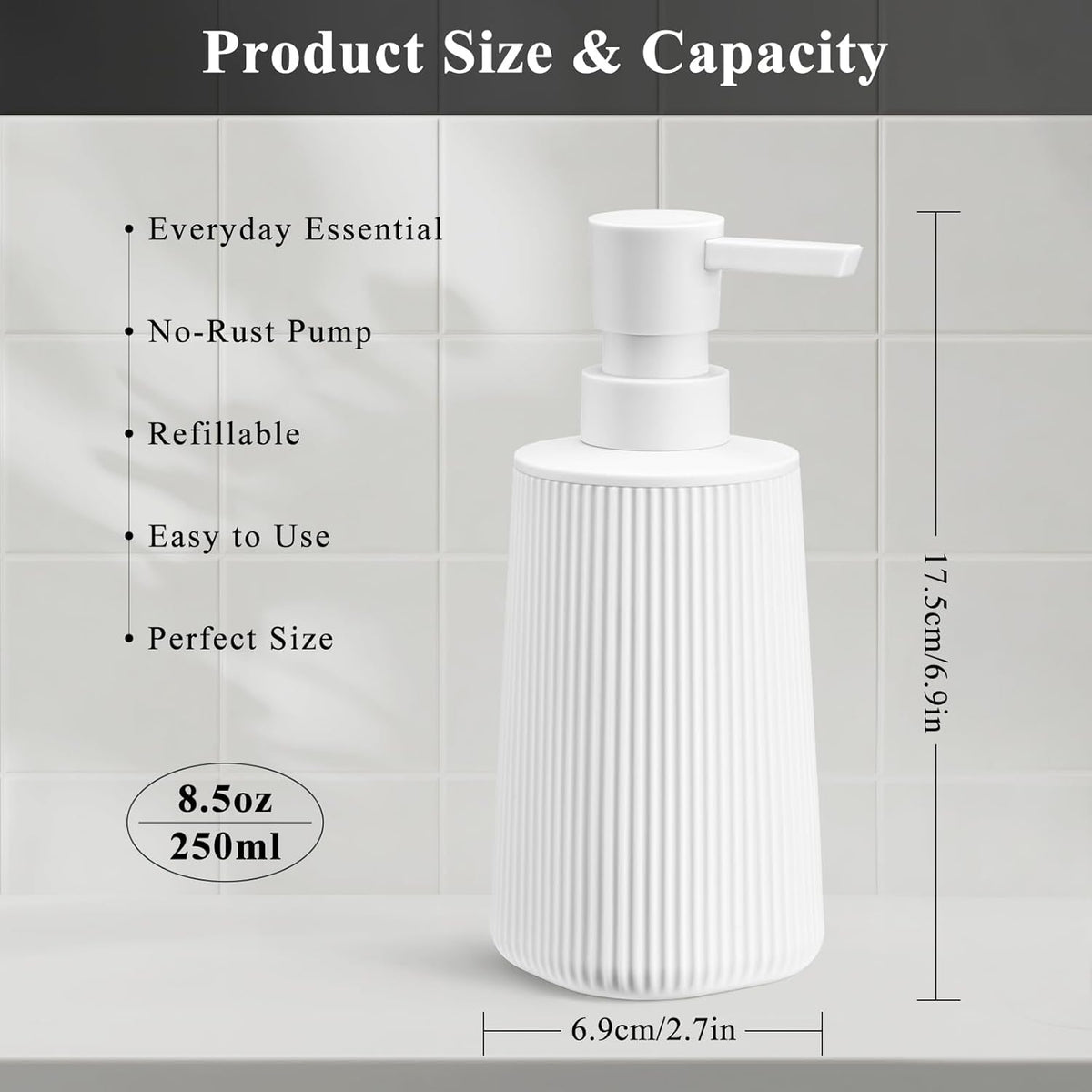 White Hand Soap Dispenser with No Rust Pump for Bathroom and Kitchen Countertops Refillable Striped