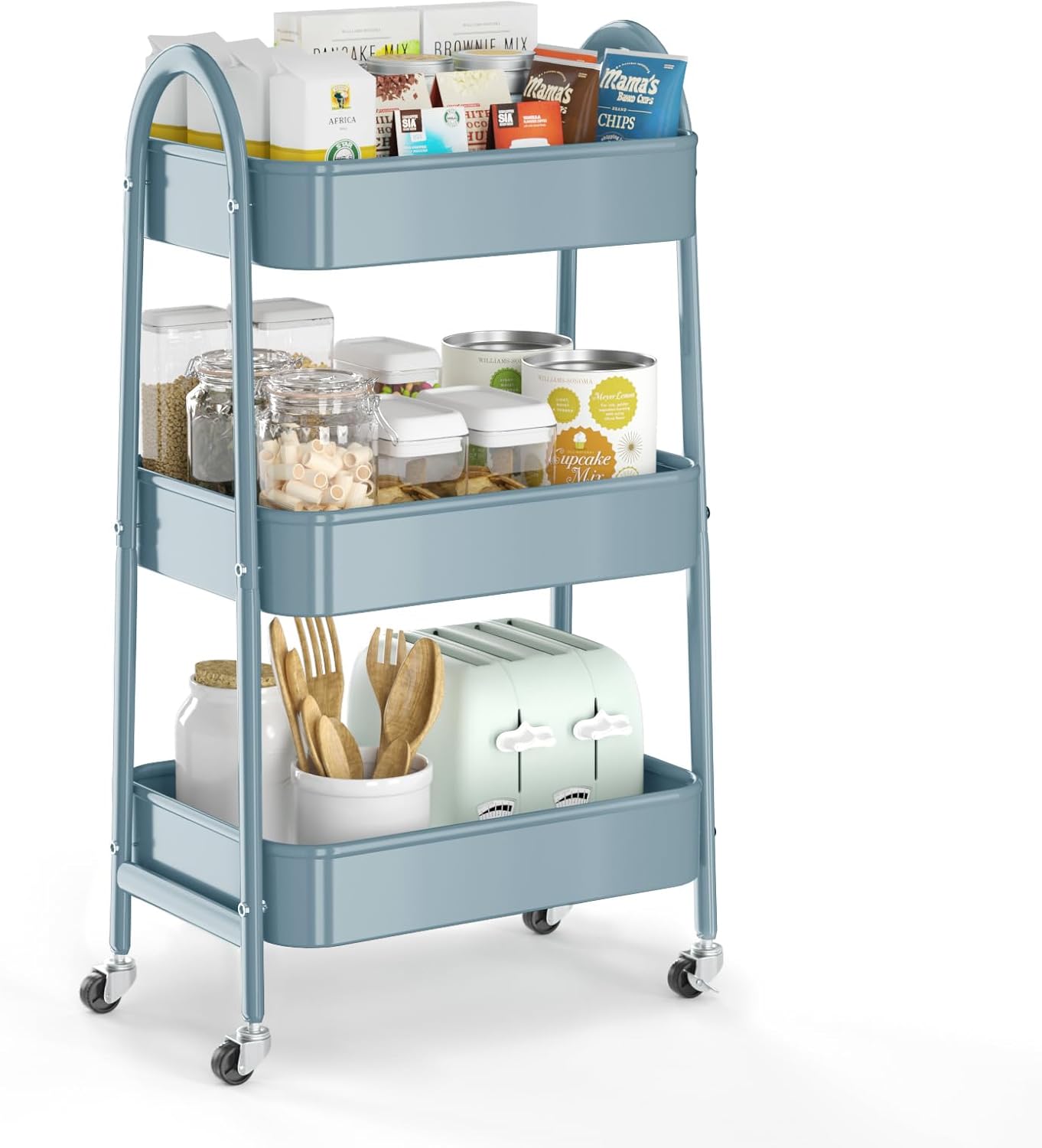 3 Tier Utility Rolling Cart, EAGMAK Metal Storage Cart with Handle and Lockable Wheels