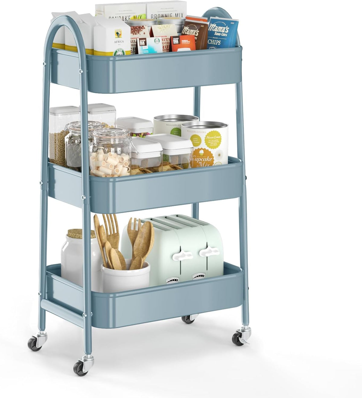 3 Tier Utility Rolling Cart, EAGMAK Metal Storage Cart with Handle and Lockable Wheels
