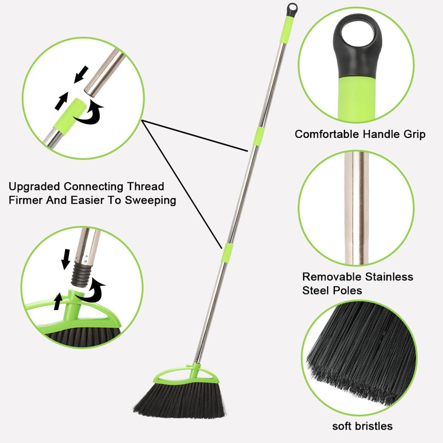 Soft Bristles Green Angle Broom Long Handle Indoor Broom for Hardwood Floor Sweeping Floor Cleaning
