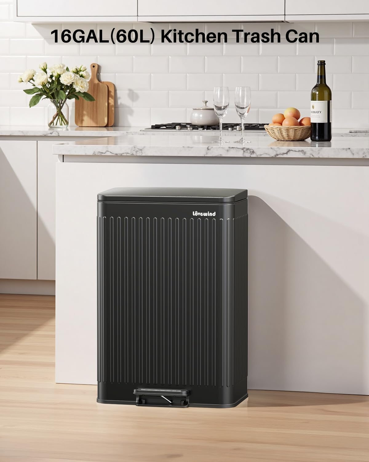 Lovewind 60 Liter/ 16 Gallon Stainless Steel Trash Can with Soft-Close Lid, Large Footstep Garbage