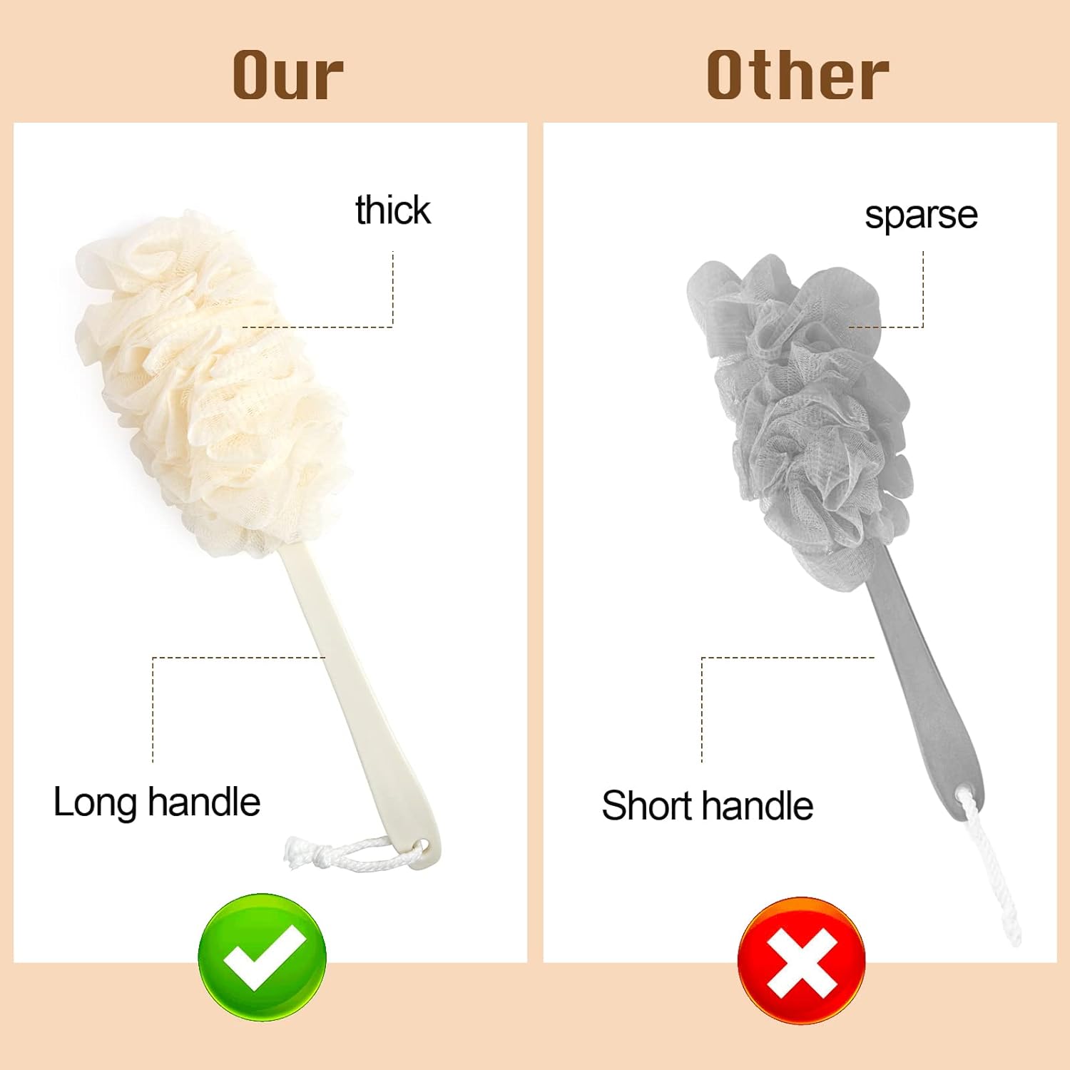 2Pack Back Scrubber for Shower，PIPUHA Loofah Sponge Shower Brush Using Body Exfoliating with Long
