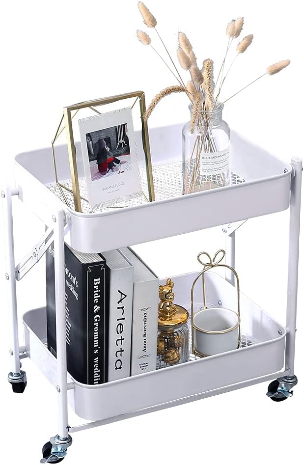 Melody House 2-Tier Metal Folding Rolling Cart, Mobile Utility Cart Trolley Storage Organizer for