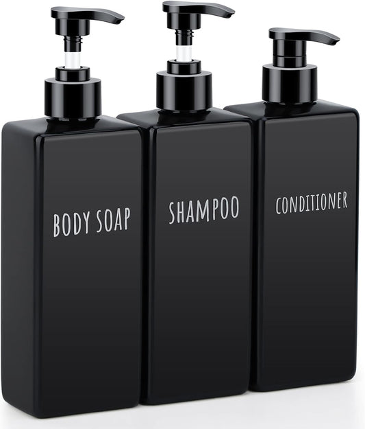 Segbeauty Plastic Square Soap Dispenser Black, 3pcs 16.9oz Refillable Shampoo and Conditioner