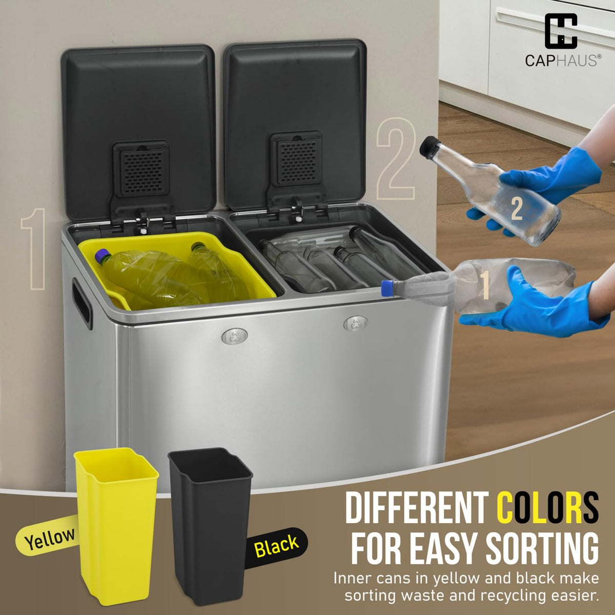 CAPHAUS Dual Trash Can with Double Lid, Trash and Recycle Bins Combo, Hands-Free Stainless-Steel
