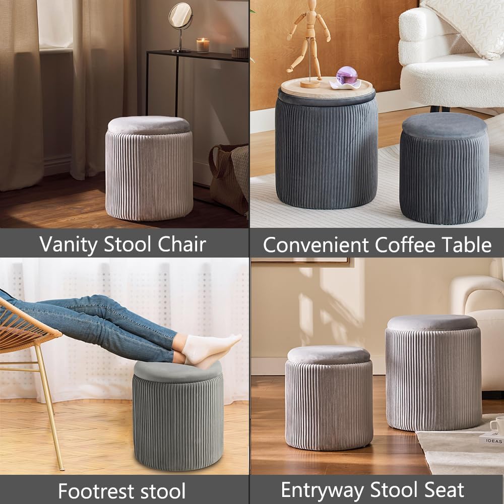 Round Ottoman with Storage Set of 2-Upholstered Velvet Vanity Stool for Makeup Multifunctional