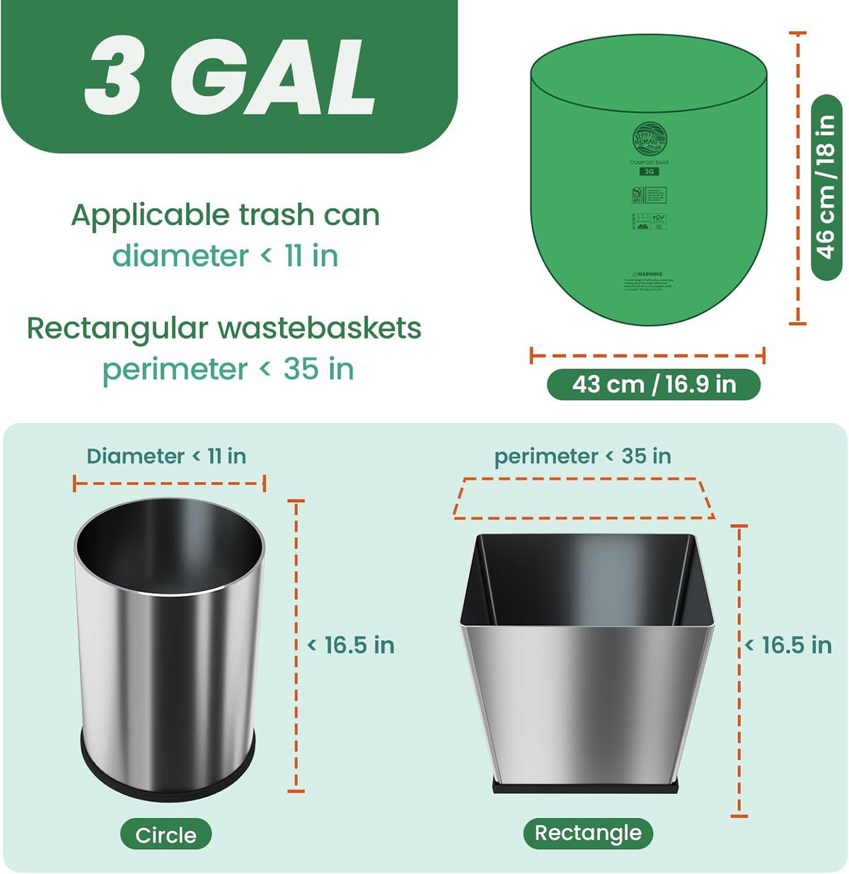 Compost Bags 3 Gallon,100 Count,Compost Food Scrap Waste Bags Fits Countertop Bin,Small Kitchen