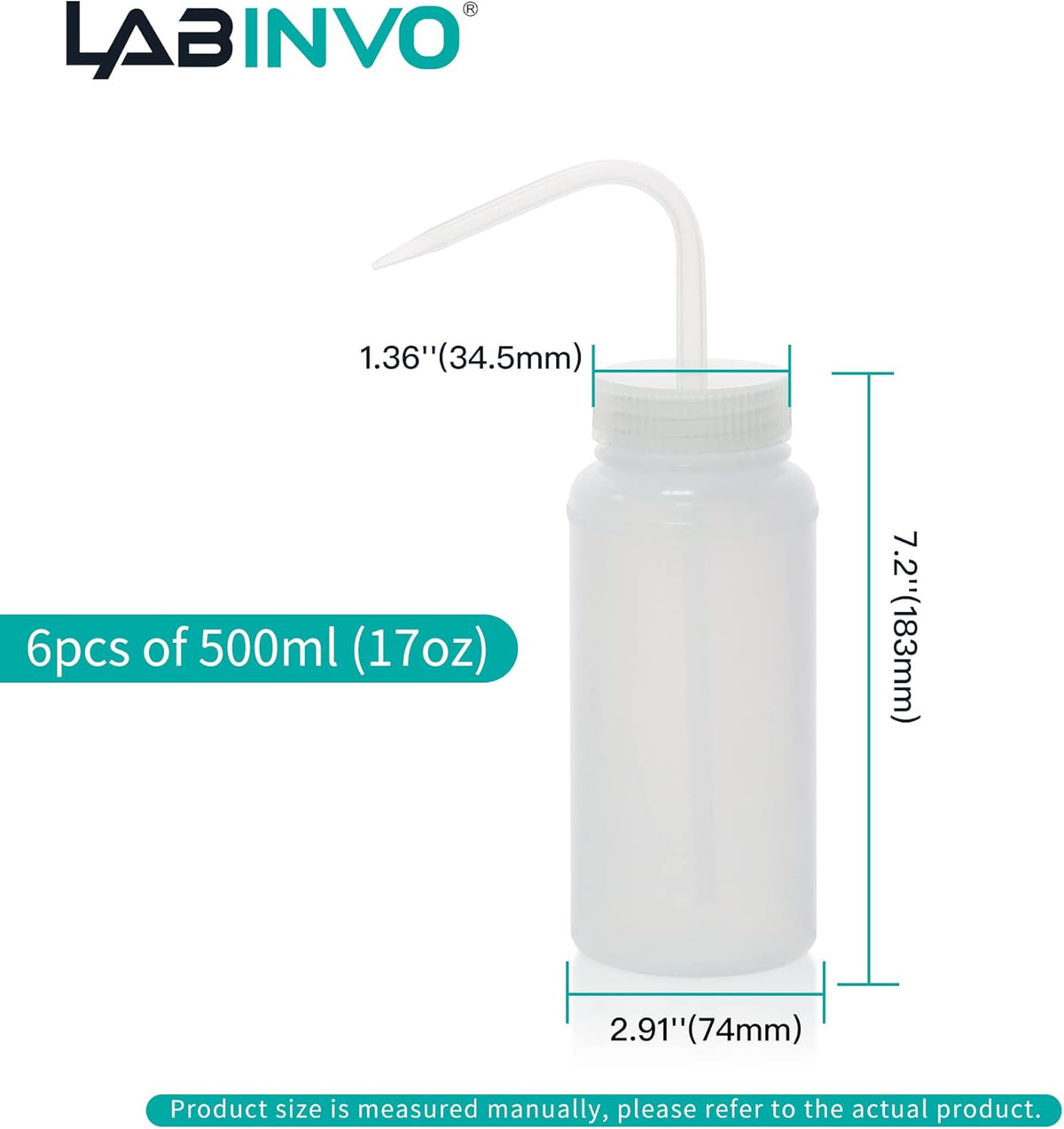 6pcs of Economy Wash Bottles, Vol.500ml (17oz), Wide-Mouth, Self-Venting Safety Wash Bottles, LDPE