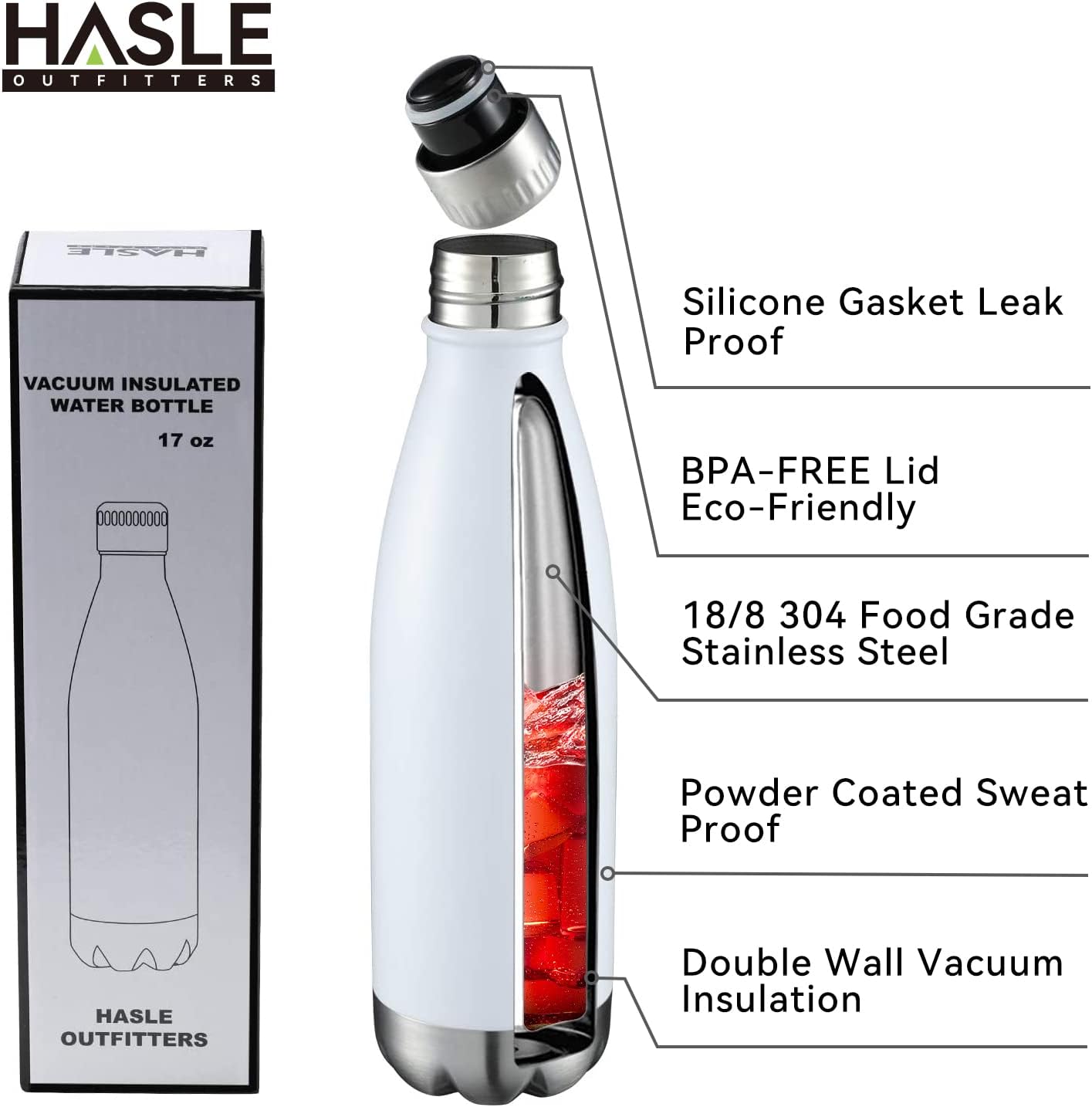 HASLE OUTFITTERS 17oz Stainless Steel Water Bottles, Vacuum Insulated Water Bottles Double Walled