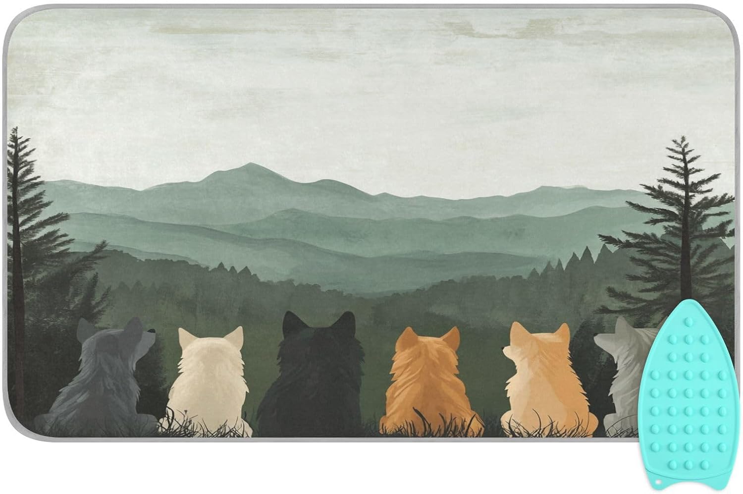 Cute Wolves Back and Green Mountain Ironing Mat Thickened Ironing Blanket Travel Portable