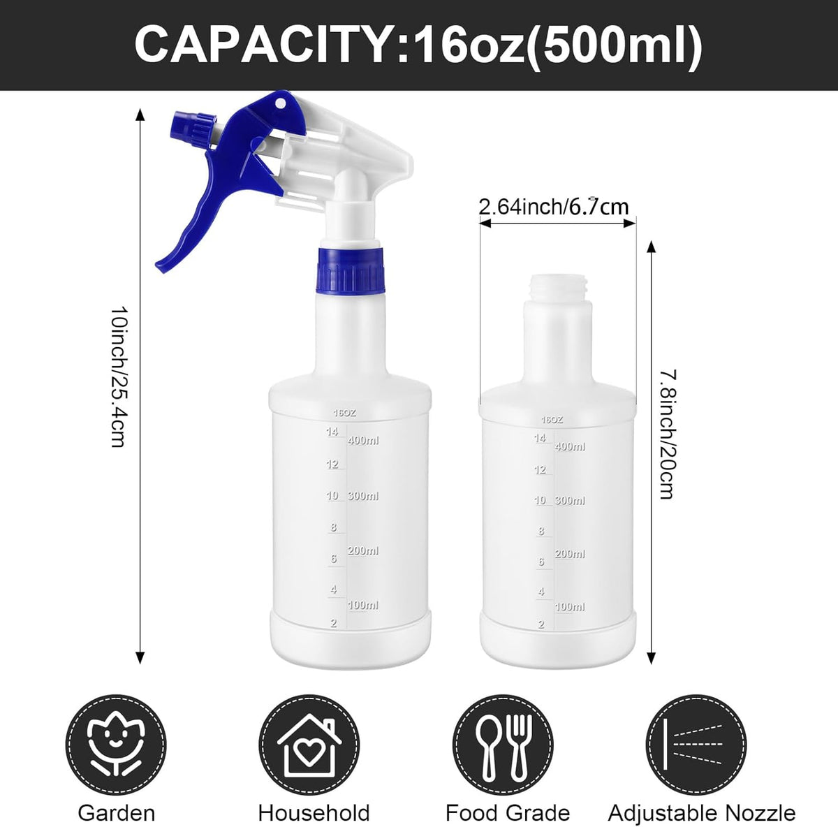 Eccliy 12 Pcs 16 Oz Plastic Spray Bottle, Adjustable Empty Reusable Sprayer for Cleaning, Planting