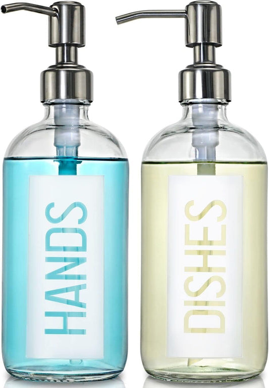 JASAI 2Pack 18OZ Glass Soap Dispenser with Rustproof 304 Stainless Steel Pump, Kitchen Soap