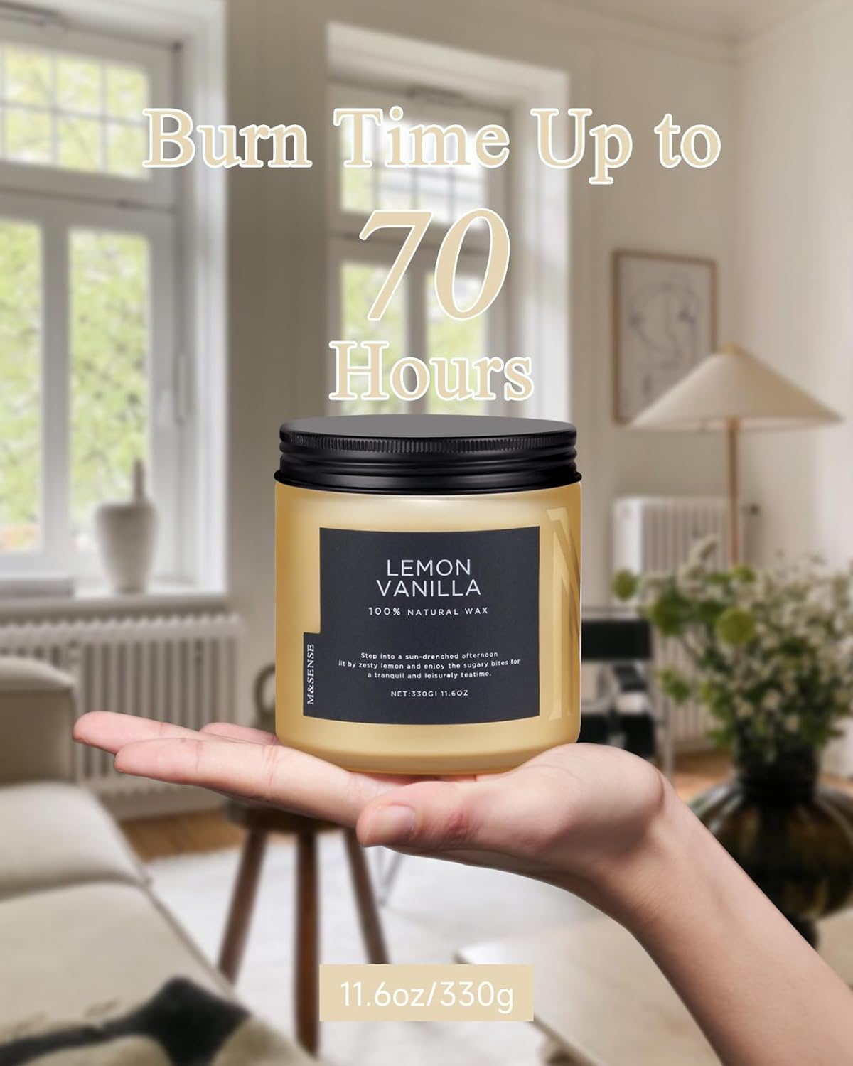 M&SENSE Candles Lemon Vanilla Scented, 11.6oz 70 Hour Long Lasting Candles for Home, 2 Wick Natural