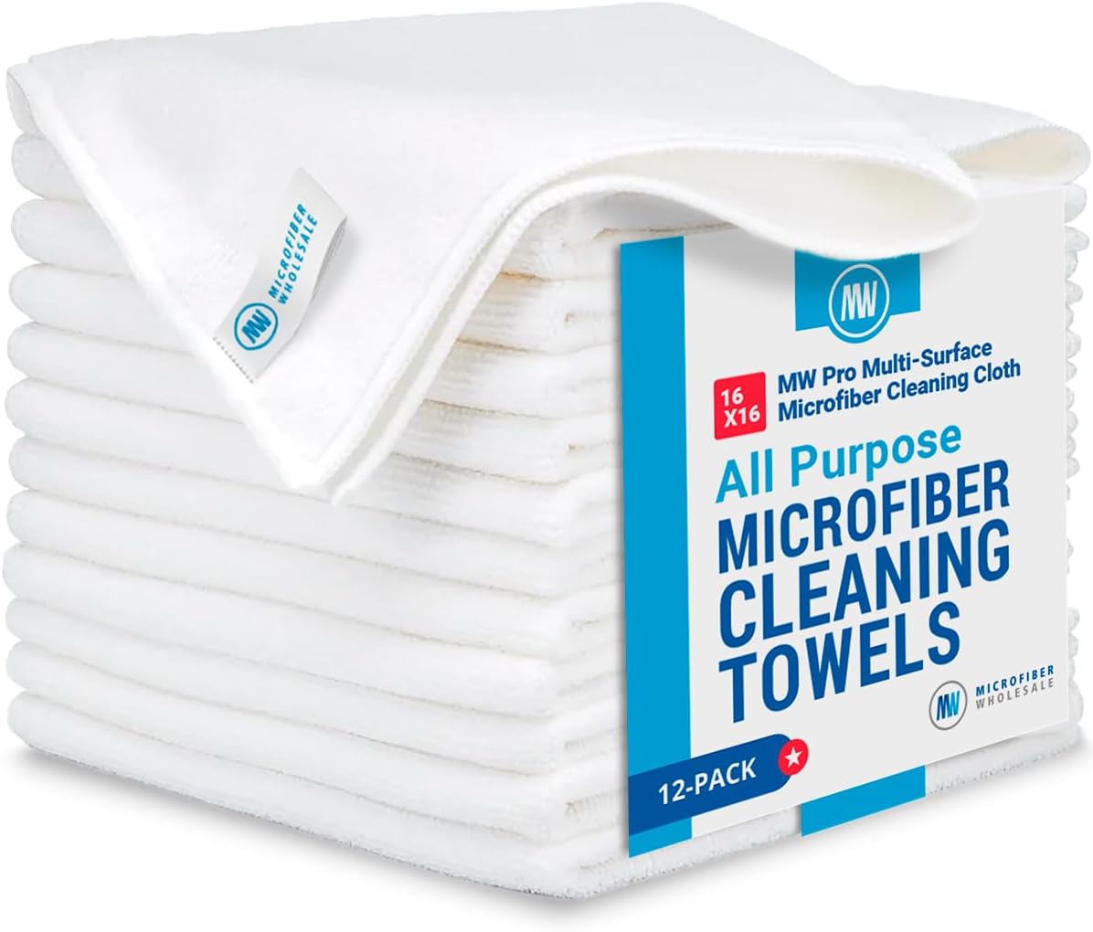 MW Pro Microfiber Cleaning Cloth | White (12 Pack) | Size 16" x 16" | All Purpose Microfiber Towels
